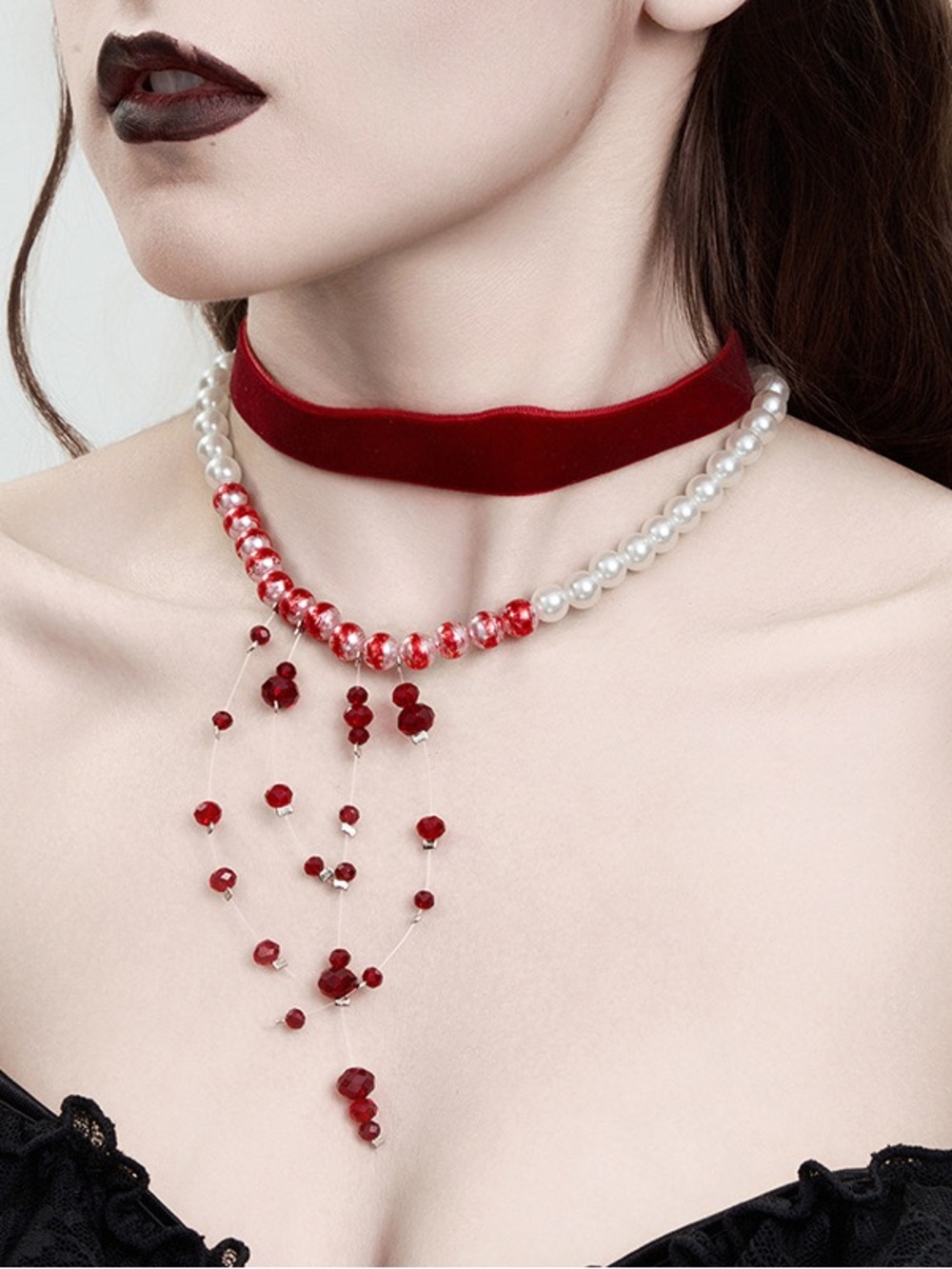 & Other Stories Red Velvet and Pearl Multi-Strand Choker Necklace